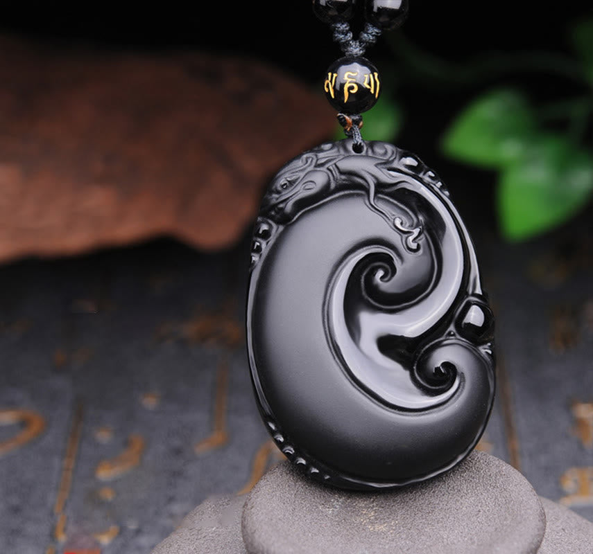 Collier pendentif en obsidienne noire naturelle PiXiu à motif ovale avec Buddha Stones - Obsidienne noire (Purification♥Transformation) - image 1