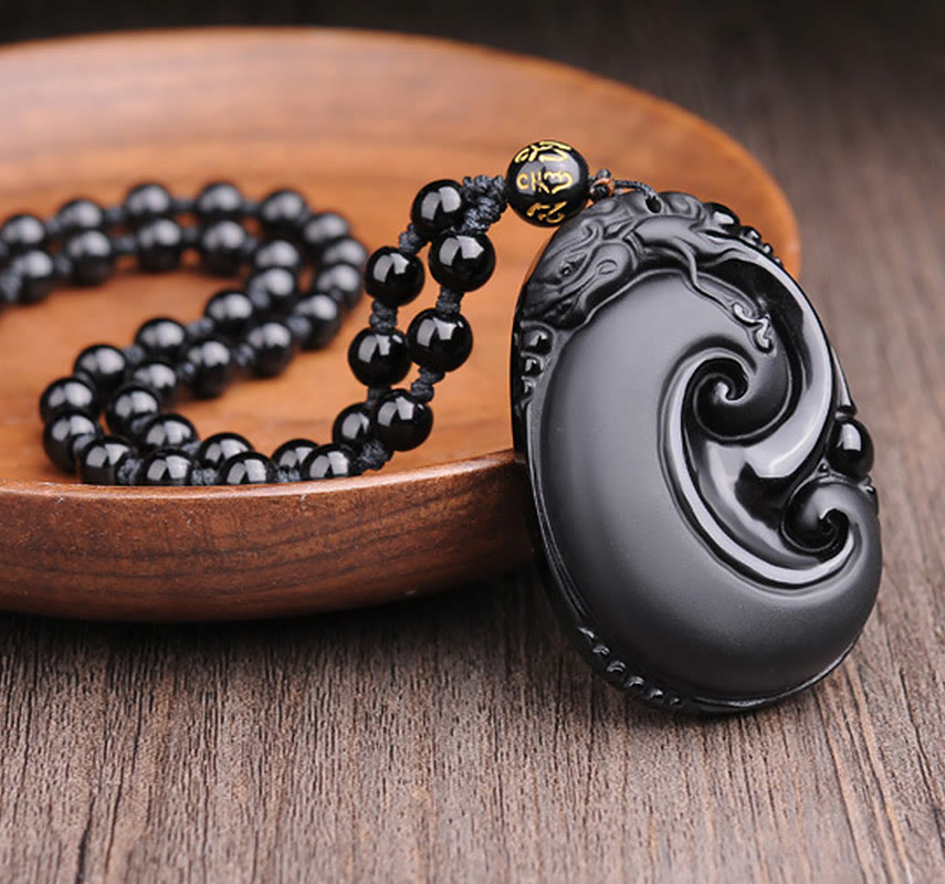 Collier pendentif en obsidienne noire naturelle PiXiu à motif ovale avec Buddha Stones - image 2