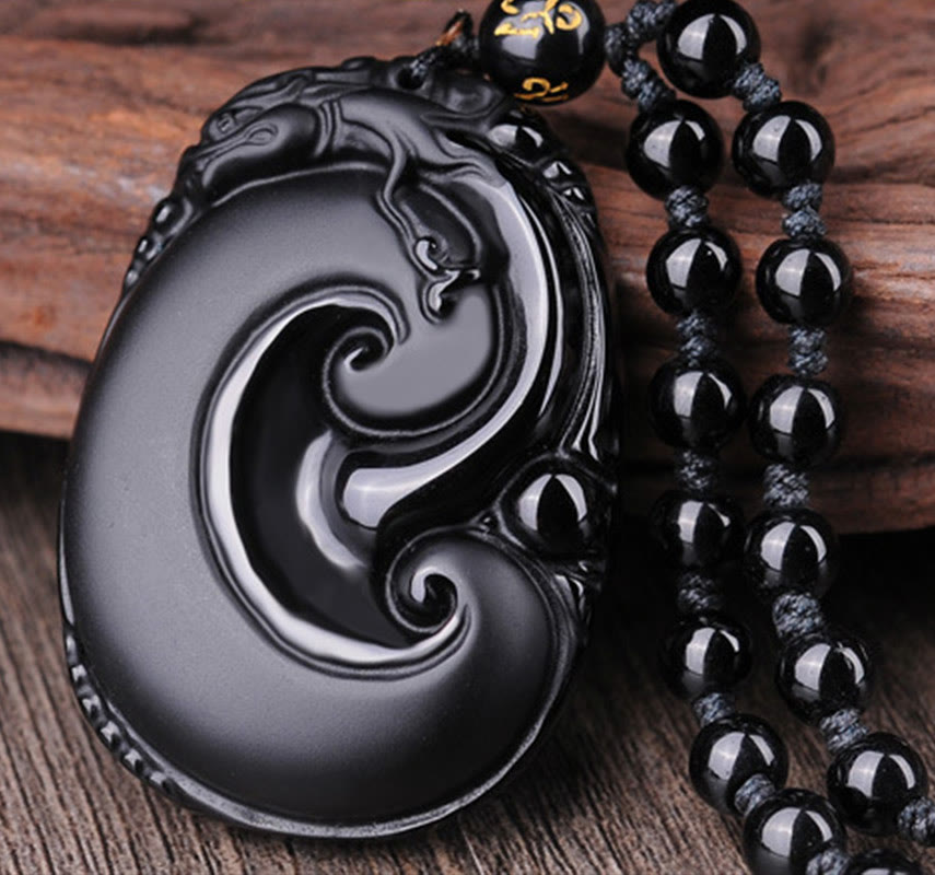 Collier pendentif en obsidienne noire naturelle PiXiu à motif ovale avec Buddha Stones - image 3