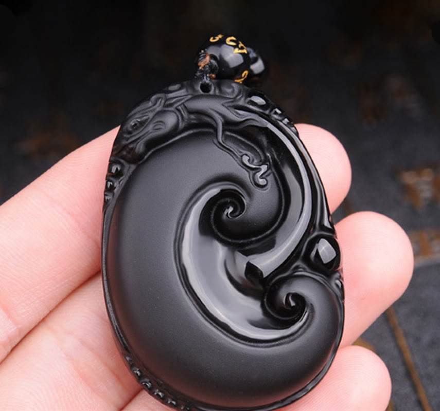 Collier pendentif en obsidienne noire naturelle PiXiu à motif ovale avec Buddha Stones - image 5