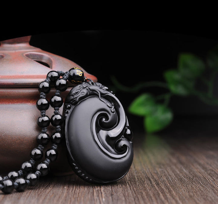 Collier pendentif en obsidienne noire naturelle PiXiu à motif ovale avec Buddha Stones - image 9