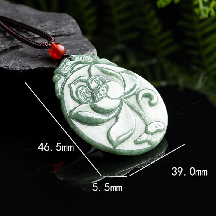 Collier pendentif en corde avec Buddha Stones rondes en jade à motif de lotus pour l'abondance et la prospérité