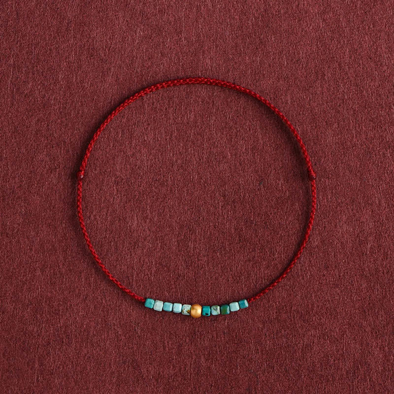 Bracelet de cheville tressé en perles d'or 999 de Buddha Stones Turquoise Protection - Corde rouge foncé - Bracelet de cheville (circonférence 18-30 cm) - image 0