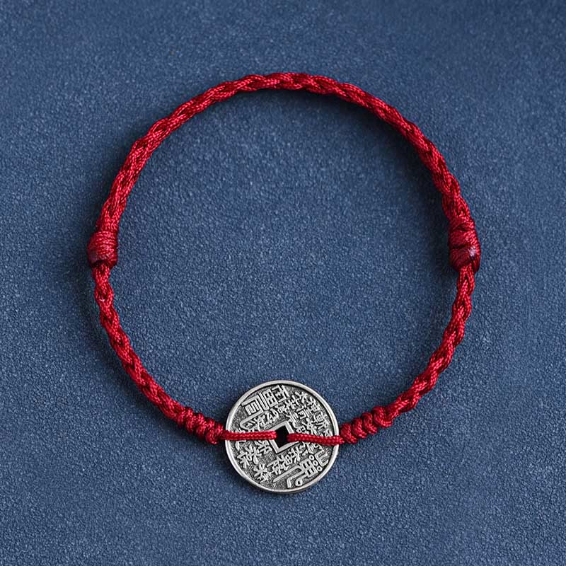 Bracelet de cheville tressé en argent sterling 925 avec protection des pièces de monnaie et Buddha Stones - Corde rouge foncé - Bracelet (Tour de poignet 15-20 cm) - image 1