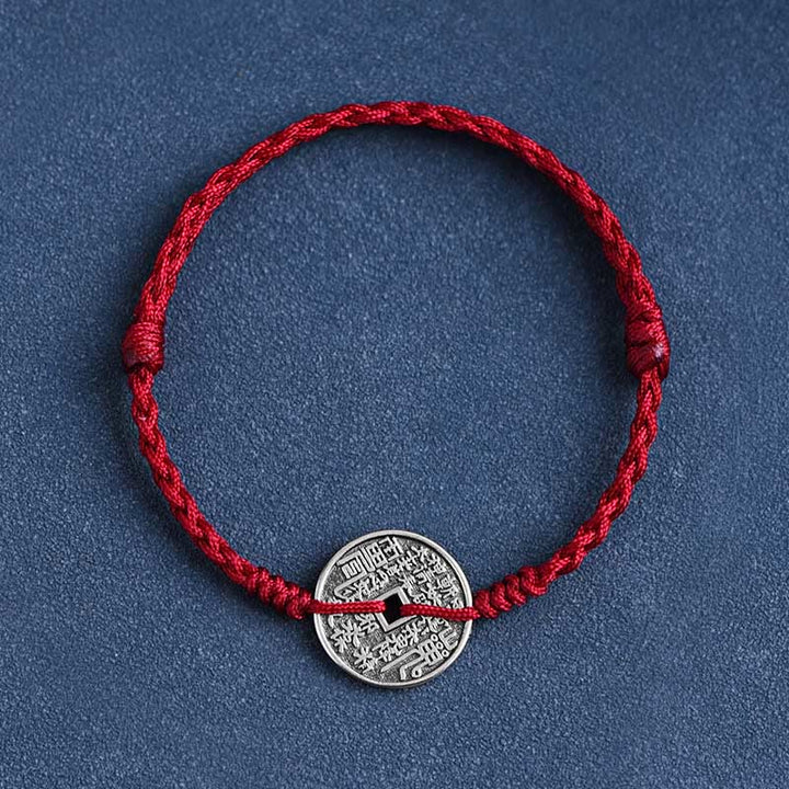 Bracelet de cheville tressé en argent sterling 925 avec protection des pièces de monnaie et Buddha Stones - Corde rouge foncé - Bracelet (Tour de poignet 15-20 cm) - image 1