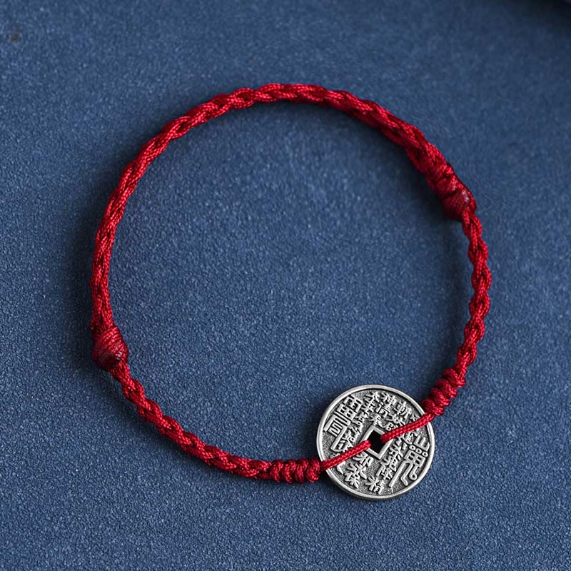 Bracelet de cheville tressé en argent sterling 925 avec protection des pièces de monnaie et Buddha Stones - Corde rouge foncé - Bracelet de cheville (circonférence 18-30 cm) - image 2