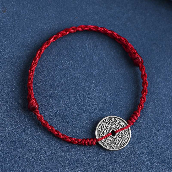 Bracelet de cheville tressé en argent sterling 925 avec protection des pièces de monnaie et Buddha Stones - Corde rouge foncé - Bracelet de cheville (circonférence 18-30 cm) - image 2