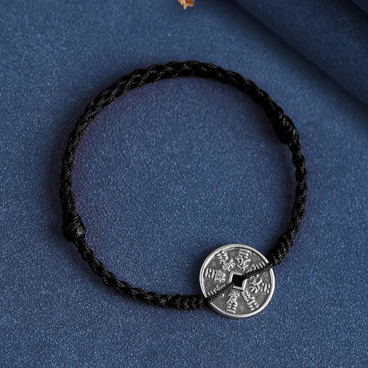 Bracelet de cheville tressé en argent sterling 925 avec protection des pièces de monnaie et Buddha Stones