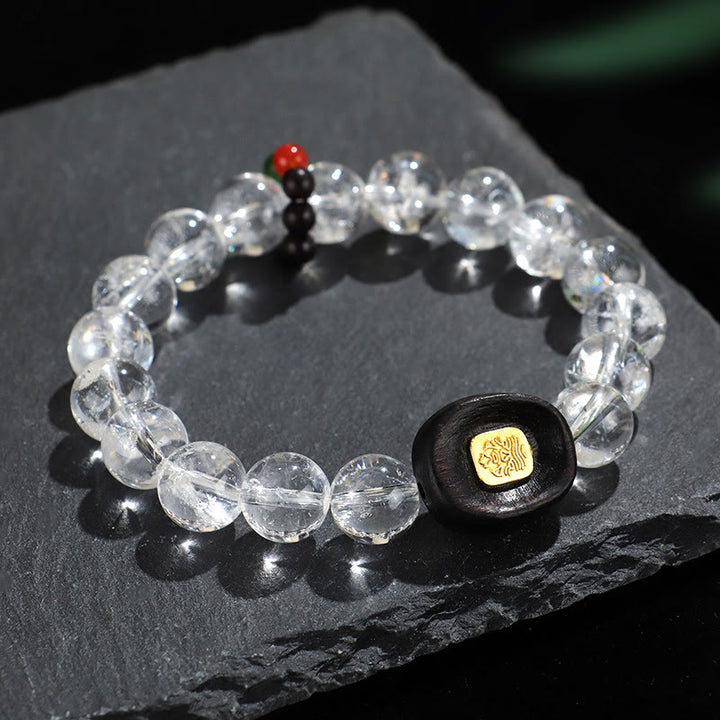 Bracelet de guérison Sak Yant Zashi Lhamo en bois d'ébène et cristal blanc Buddha Stones
