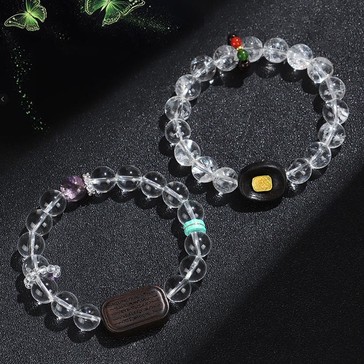 Bracelet de guérison Sak Yant Zashi Lhamo en bois d'ébène et cristal blanc Buddha Stones