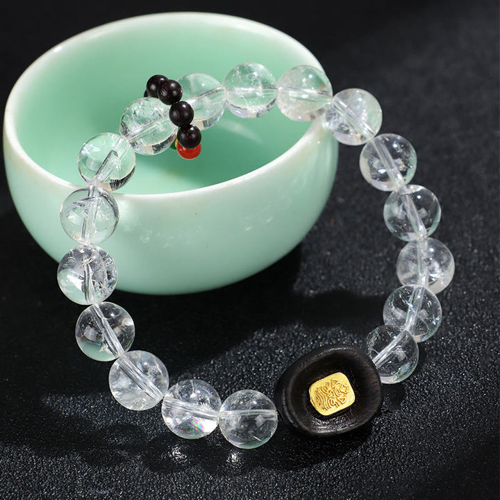 Bracelet de guérison Sak Yant Zashi Lhamo en bois d'ébène et cristal blanc Buddha Stones