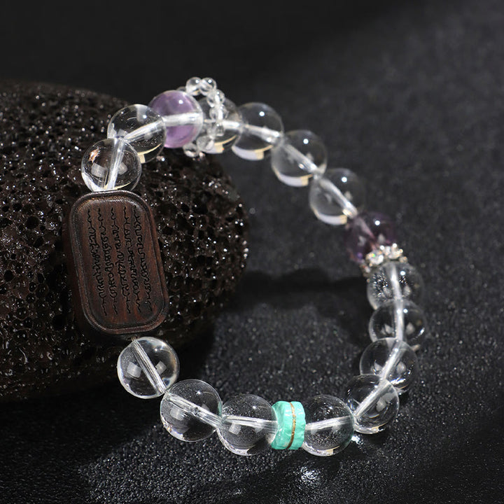 Bracelet de guérison Sak Yant Zashi Lhamo en bois d'ébène et cristal blanc Buddha Stones