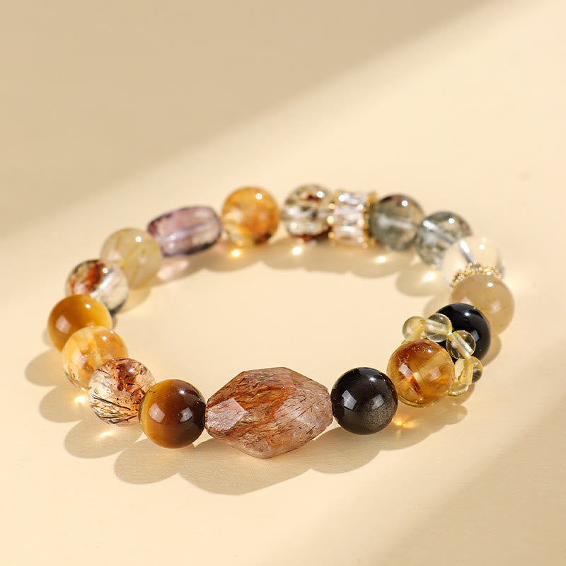 Bracelet de positivité œil de tigre en obsidienne et topaze en cristal Super Seven de Buddha Stones