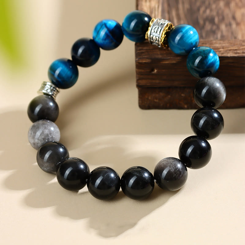Bracelet de force en obsidienne argentée et œil de tigre bleu Buddha Stones