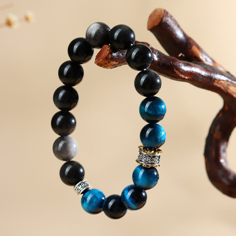 Bracelet de force en obsidienne argentée et œil de tigre bleu Buddha Stones