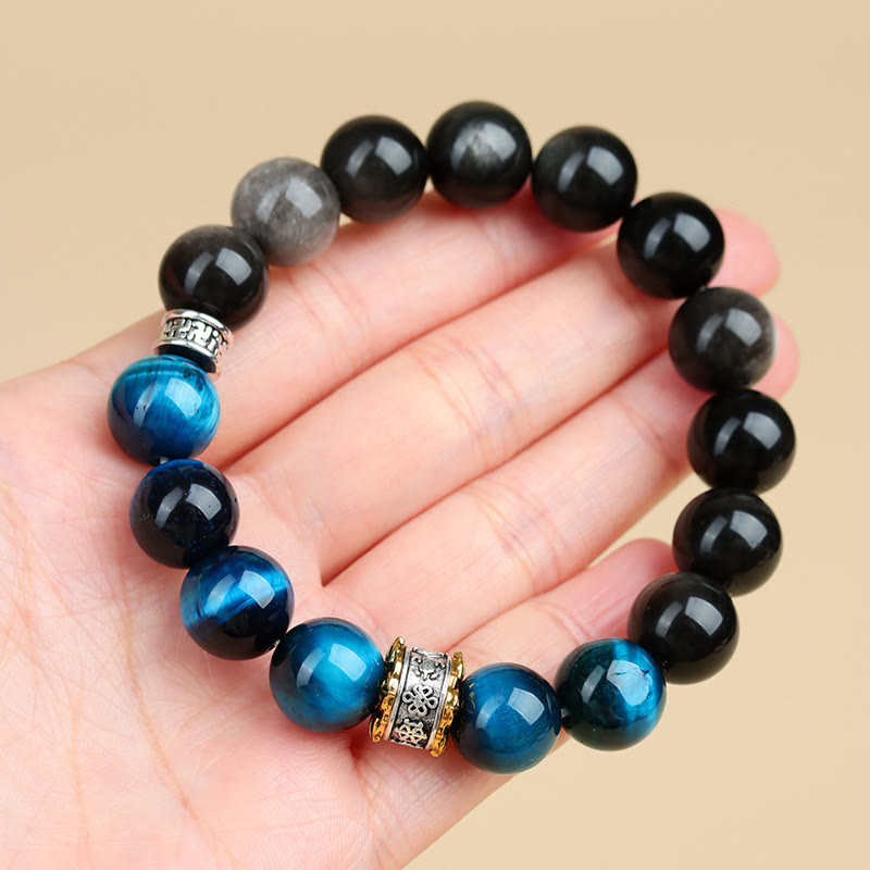 Bracelet de force en obsidienne argentée et œil de tigre bleu Buddha Stones
