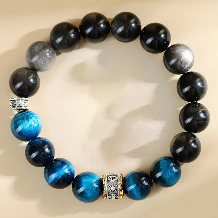 Bracelet de force en obsidienne argentée et œil de tigre bleu Buddha Stones