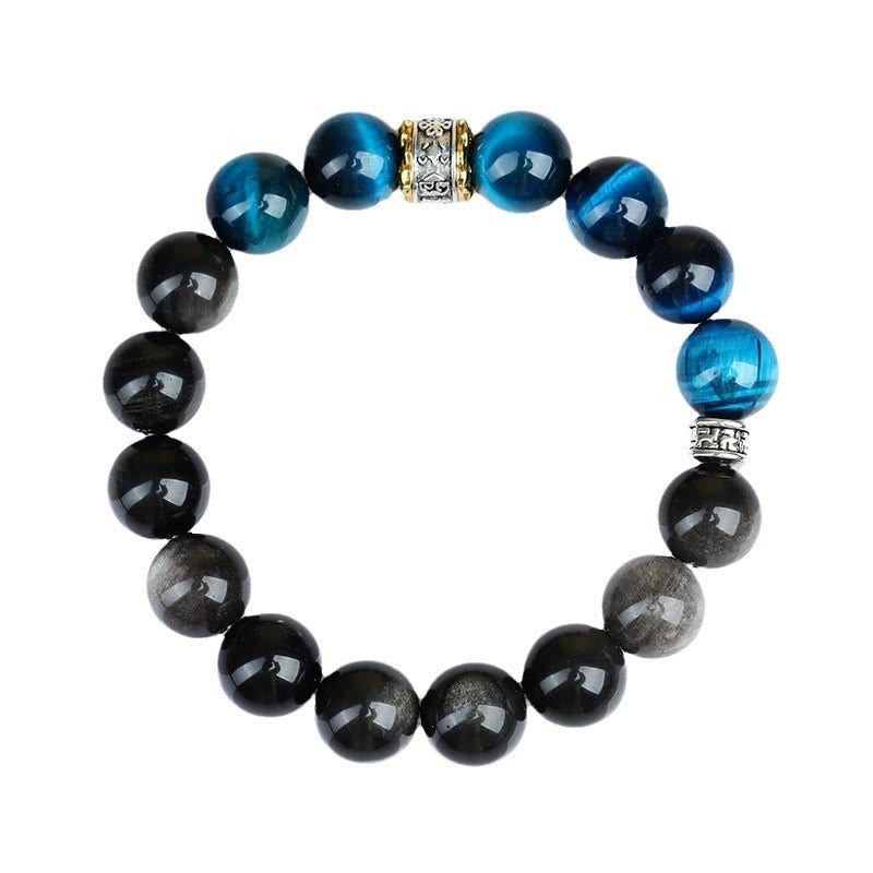 Bracelet de force en obsidienne argentée et œil de tigre bleu Buddha Stones