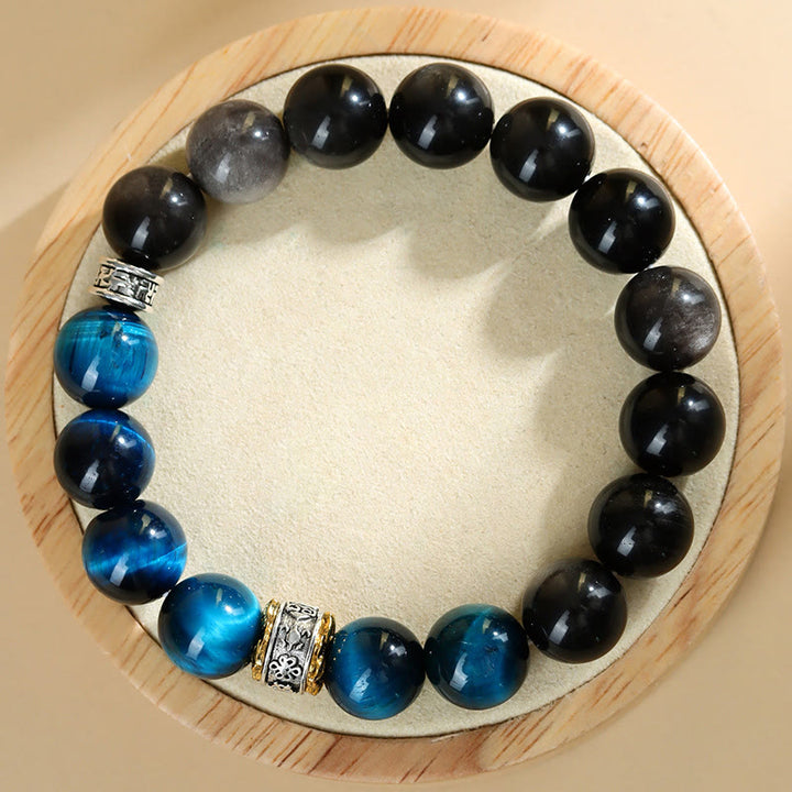 Bracelet de force en obsidienne argentée et œil de tigre bleu Buddha Stones