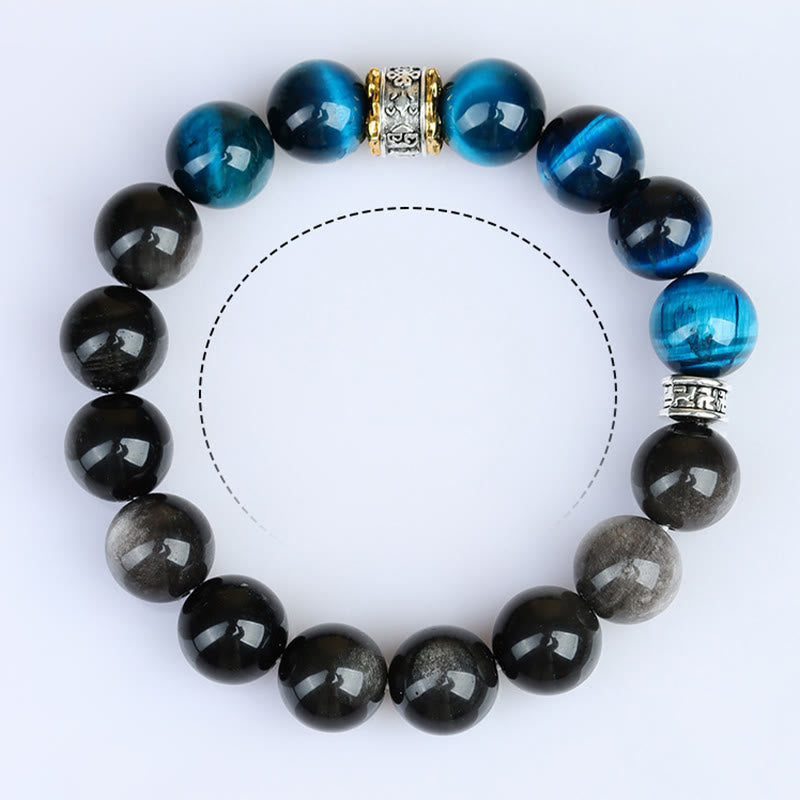 Bracelet de force en obsidienne argentée et œil de tigre bleu Buddha Stones