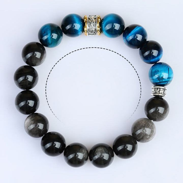 Bracelet de force en obsidienne argentée et œil de tigre bleu Buddha Stones