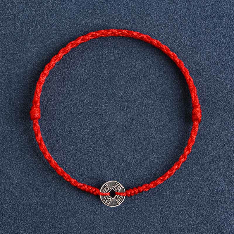 Bracelet de Buddha Stones tressé en argent sterling 925 avec cinq pièces de l'empereur et cordon rouge