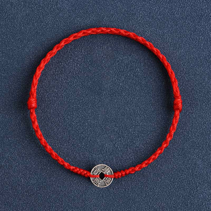 Bracelet de Buddha Stones tressé en argent sterling 925 avec cinq pièces de l'empereur et cordon rouge