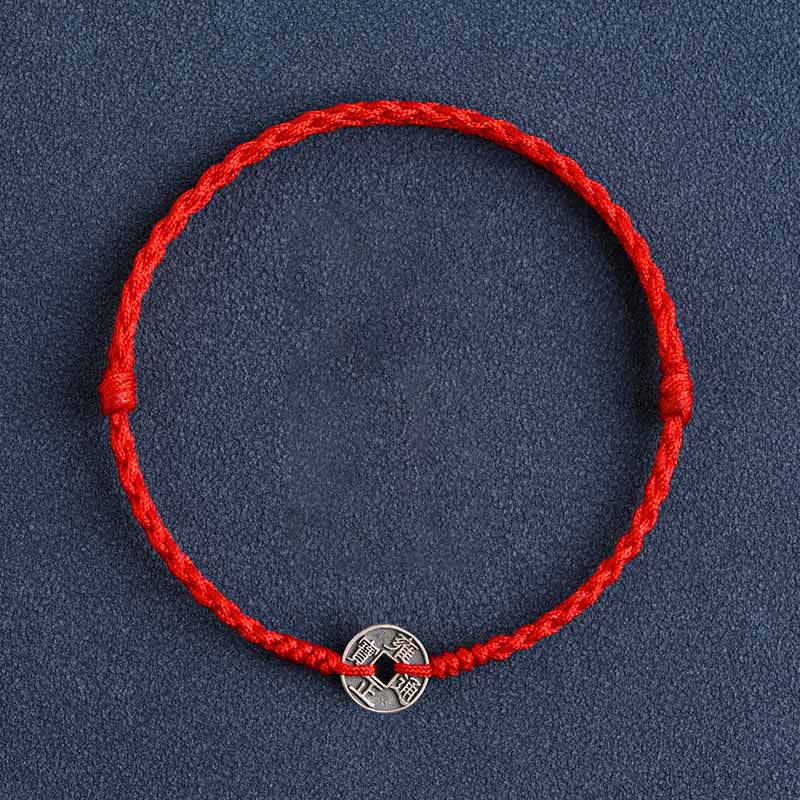 Bracelet de Buddha Stones tressé en argent sterling 925 avec cinq pièces de l'empereur et cordon rouge - Pièce de monnaie Yongzheng à ficelle rouge - Bracelet de cheville (circonférence 17-30 cm) - image 1
