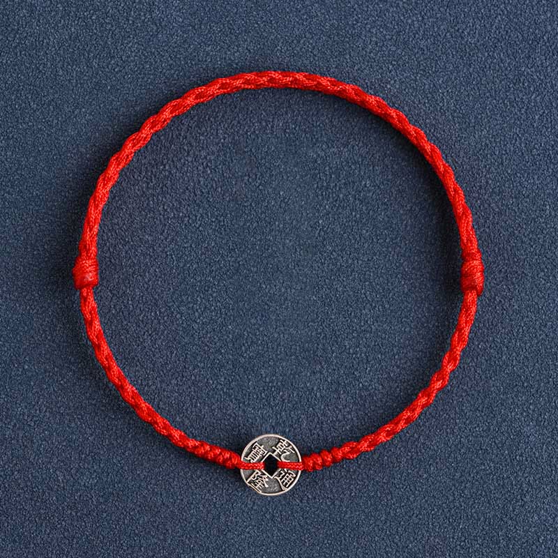 Bracelet de Buddha Stones tressé en argent sterling 925 avec cinq pièces de l'empereur et cordon rouge
