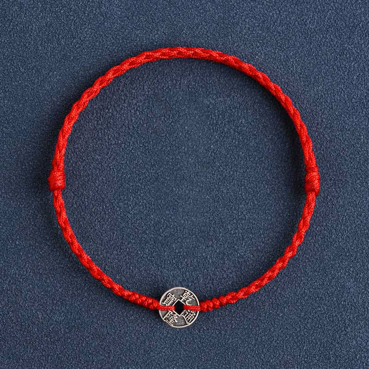 Bracelet de Buddha Stones tressé en argent sterling 925 avec cinq pièces de l'empereur et cordon rouge