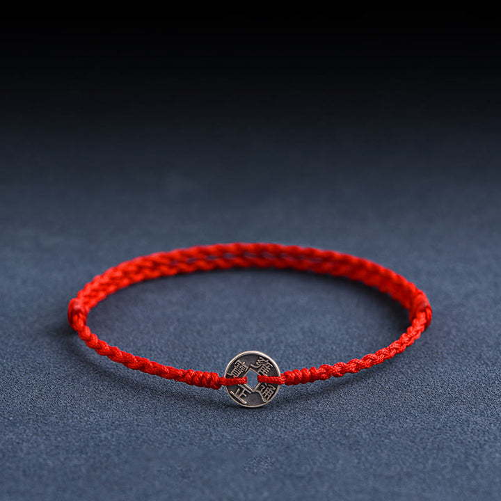 Bracelet de Buddha Stones tressé en argent sterling 925 avec cinq pièces de l'empereur et cordon rouge
