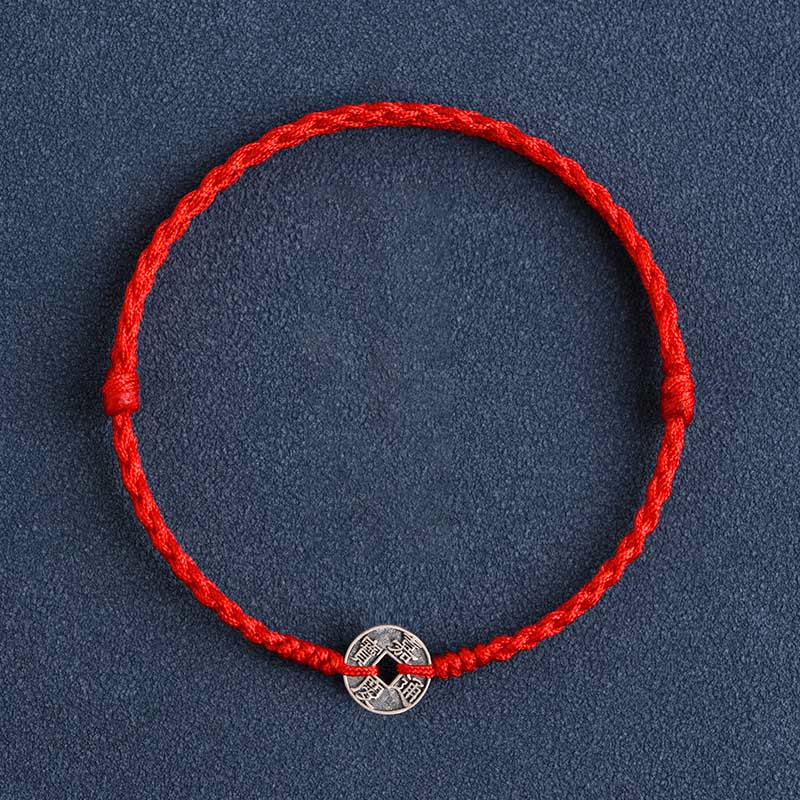 Bracelet de Buddha Stones tressé en argent sterling 925 avec cinq pièces de l'empereur et cordon rouge