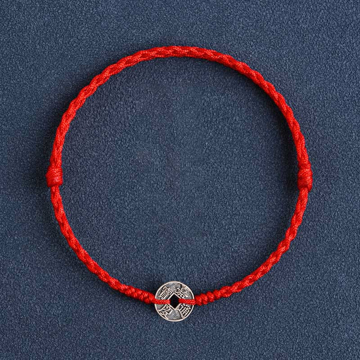 Bracelet de Buddha Stones tressé en argent sterling 925 avec cinq pièces de l'empereur et cordon rouge