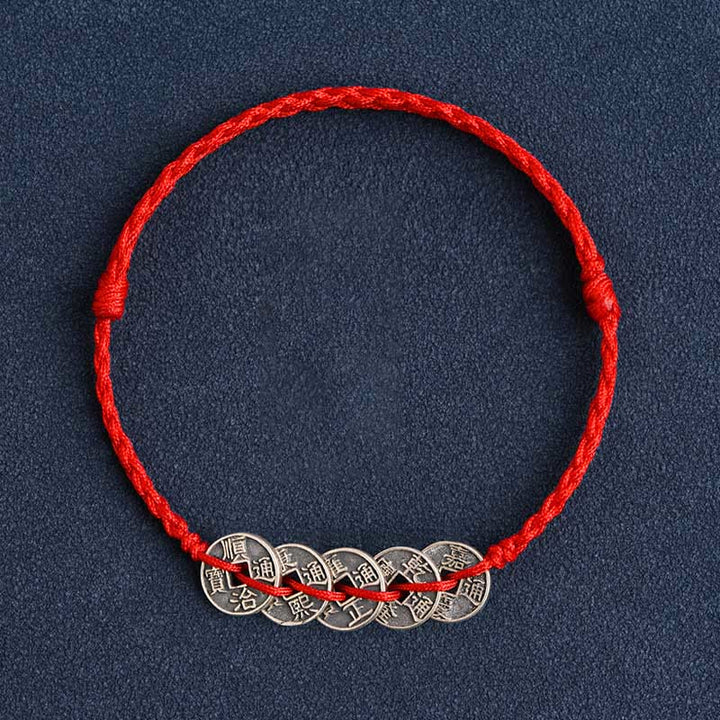 Bracelet de Buddha Stones tressé en argent sterling 925 avec cinq pièces de l'empereur et cordon rouge