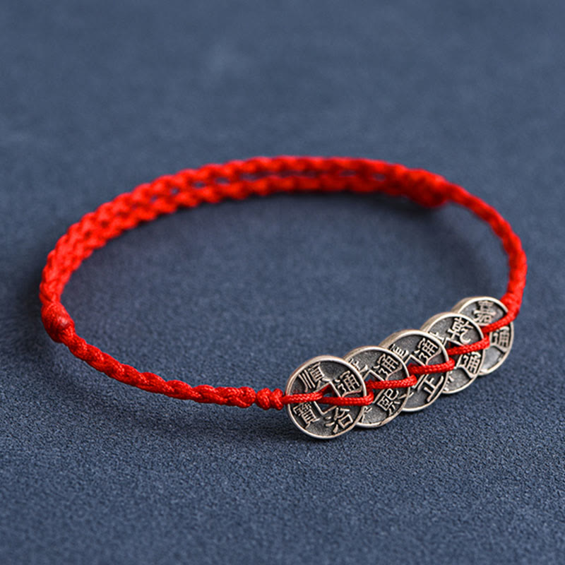 Bracelet de Buddha Stones tressé en argent sterling 925 avec cinq pièces de l'empereur et cordon rouge