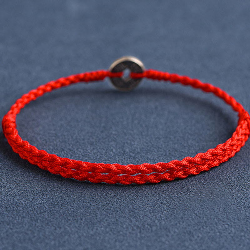 Bracelet de Buddha Stones tressé en argent sterling 925 avec cinq pièces de l'empereur et cordon rouge
