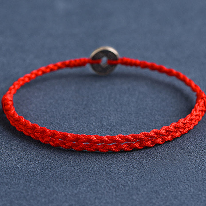 Bracelet de Buddha Stones tressé en argent sterling 925 avec cinq pièces de l'empereur et cordon rouge