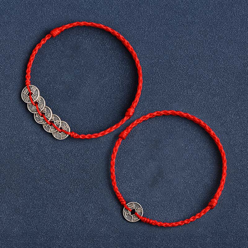 Bracelet de Buddha Stones tressé en argent sterling 925 avec cinq pièces de l'empereur et cordon rouge