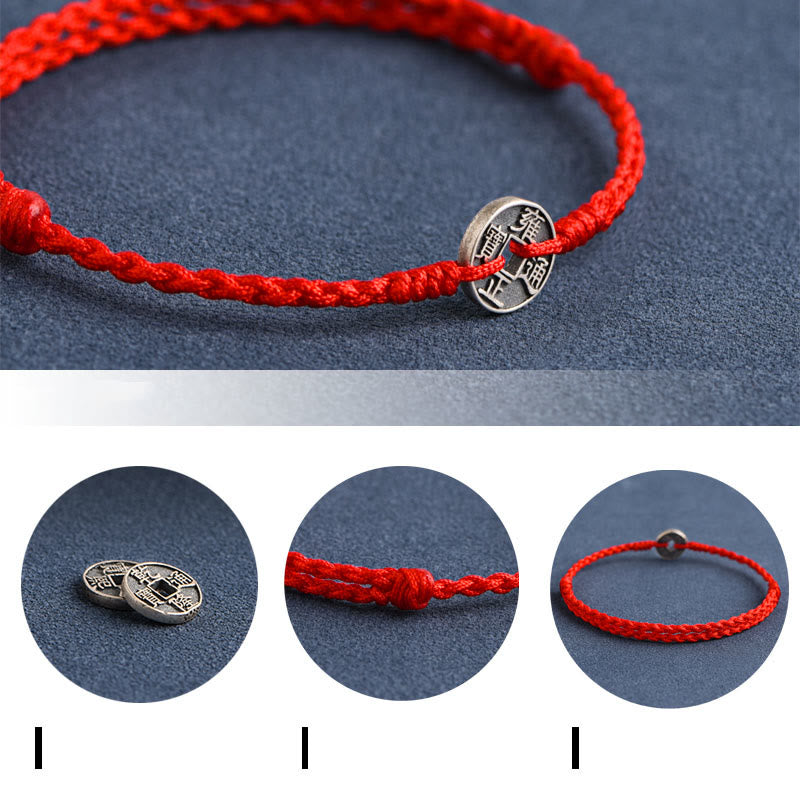 Bracelet de Buddha Stones tressé en argent sterling 925 avec cinq pièces de l'empereur et cordon rouge