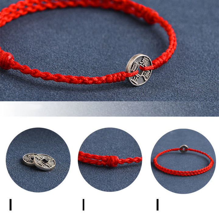 Bracelet de Buddha Stones tressé en argent sterling 925 avec cinq pièces de l'empereur et cordon rouge