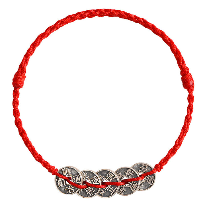 Bracelet de Buddha Stones tressé en argent sterling 925 avec cinq pièces de l'empereur et cordon rouge