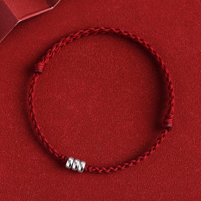 Bracelet de cheville tressé en argent sterling 925 avec Buddha Stones et protection - Corde rouge foncé - Bracelet (Tour de poignet 15-20 cm) - image 1
