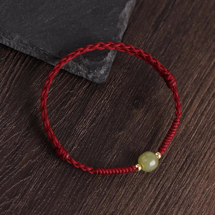 Bracelet de cheville tressé en Buddha Stones Pierres de Bouddha Protection Chance - Corde rouge foncé - Perles de jade Hetian en or 14 carats - Bracelet de cheville (circonférence 17-30 cm) - image 1