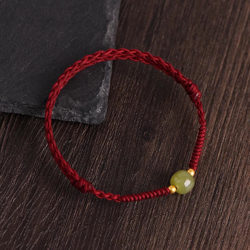 Bracelet de cheville tressé en Buddha Stones Pierres de Bouddha Protection Chance - Corde rouge foncé - Perles de jade Hetian en or 999 - Bracelet de cheville (circonférence 17-30 cm) - image 2