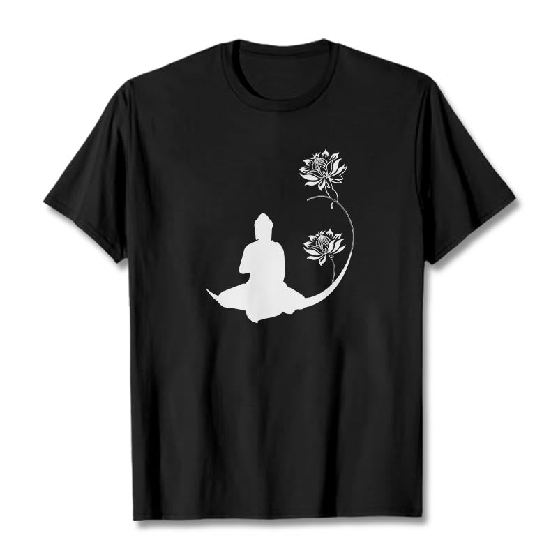 T-shirt à motif Buddha Stones de Bouddha et des fleurs de lotus - Noir - 2XL - image 1