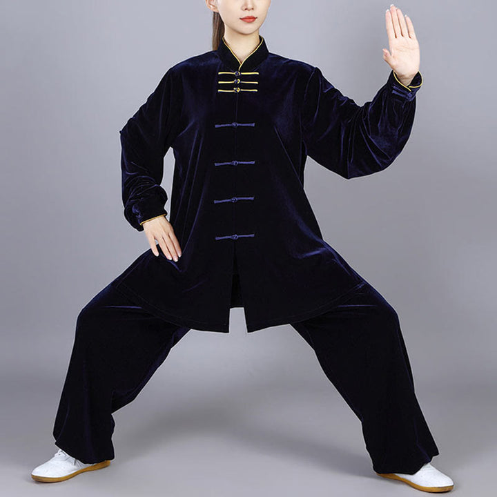 Ensemble de vêtements de méditation en velours unisexe avec boutons en forme de grenouille pour l'automne et l'hiver, 2 pièces, Buddha Stones - Bleu nuit - 3XL- Convient aux États-Unis, au Royaume-Uni, en Australie et en UE - XL - image 0