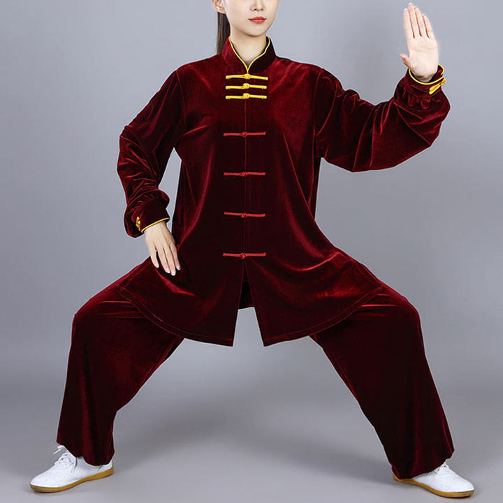 Ensemble de vêtements de méditation en velours unisexe avec boutons en forme de grenouille pour l'automne et l'hiver, 2 pièces, Buddha Stones - Rouge foncé - 3XL- Convient aux tailles US/ UK/AU/ EU- XL - image 2