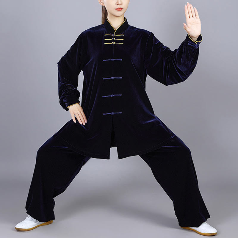 Ensemble de vêtements de méditation en velours unisexe avec boutons en forme de grenouille pour l'automne et l'hiver, 2 pièces, Buddha Stones - Bleu nuit - 3XL- Convient aux tailles US/ UK/AU/ EU- XL - image 0