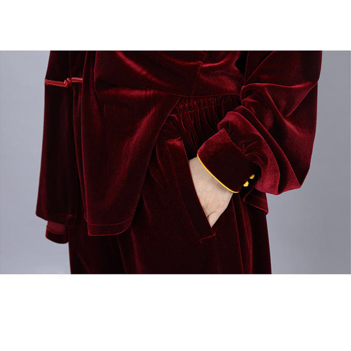 Ensemble de vêtements de méditation en velours unisexe avec boutons en forme de grenouille pour l'automne et l'hiver, 2 pièces, Buddha Stones - image 11