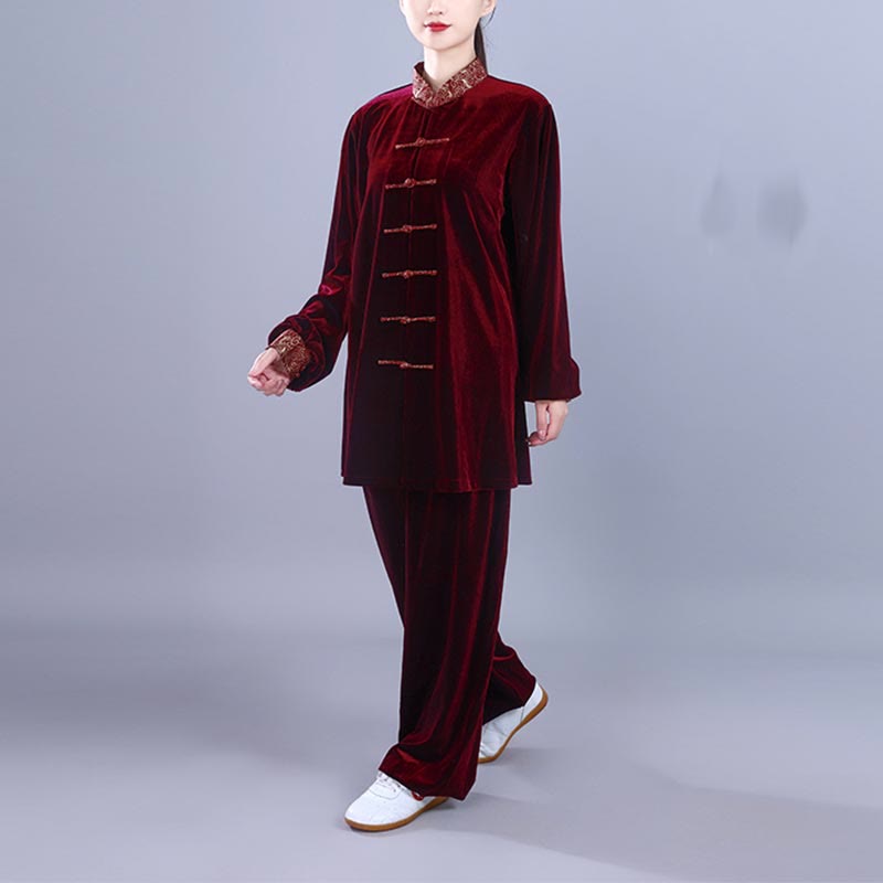 Ensemble de vêtements de méditation unisexe en velours avec boutons en forme de grenouille et col montant pour l'automne et l'hiver, 2 pièces , Buddha Stones , Tai Chi, Qigong, nuages ​​de bon augure - image 4